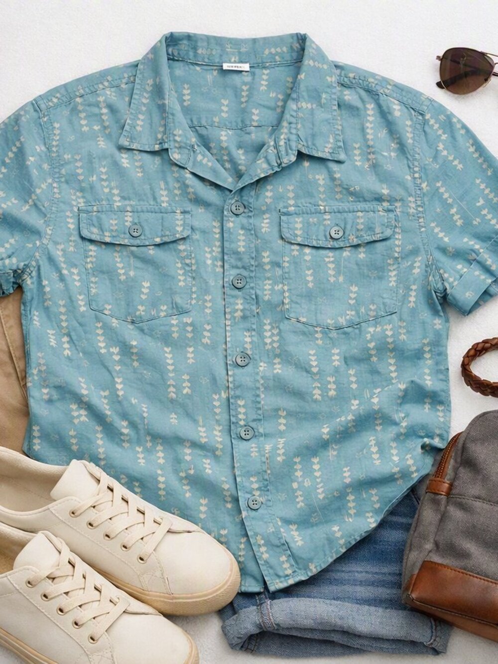 Ascend Blue Tencel Geometric Button‑Up Shirt